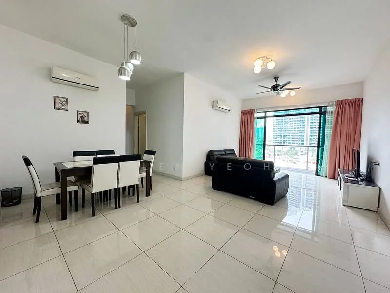 Living features: large floor-to-ceiling windows, sliding glass door, black leather sectional sofa, coffee table, TV console, wall-mounted TV, recessed downlights, ceiling fan, white walls, cream tiled flooring, curtains in light pink, dining table with 6 chairs; style: modern; view: city.