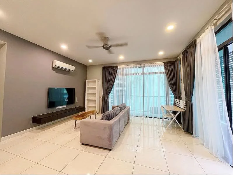 Living features: light grey painted walls, white tiled flooring, 5-blade ceiling fan with light, wall-mounted TV, floating TV console, sofa with grey upholstery, decorative throw pillows, white sheer curtains, blackout curtains, sliding glass door, side table, white bookshelf, small white desk; style: modern; view: garden.