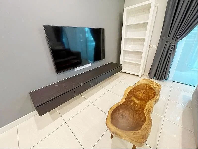 Living features: wall-mounted TV, dark wood TV console, natural wood coffee table, light grey painted walls, white shelving unit, floor-to-ceiling curtains, glossy tile flooring, large window with natural light; style: modern.