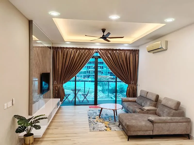 Living features: 5-blade ceiling fan with light, recessed downlights, floor-to-ceiling windows, sliding glass door, brown fabric sectional sofa, round coffee table, TV console, wall-mounted TV, curtains with tiebacks, decorative plant in ceramic pot, wooden flooring, area rug with geometric pattern; style: modern; view: garden.
