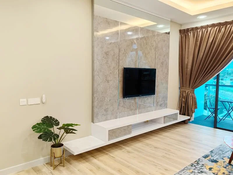 Living features: light wood flooring, grey marble accent wall, wall-mounted TV, white TV console with storage, floor-to-ceiling windows, sheer curtains, dark brown curtains, indoor plant in ceramic pot, area rug with geometric pattern, balcony view; style: modern; view: city.