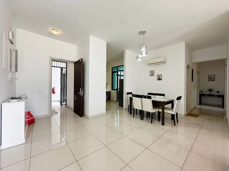 Dining features: white walls, glossy tile flooring, 6-seater dining table, upholstered dining chairs, pendant lighting, air conditioning unit, door leading to outdoor area, decorative wall art; style: modern. Hallway features: white walls, glossy tile flooring, doorway leading to entrance, doorway leading to another room; style: modern.
