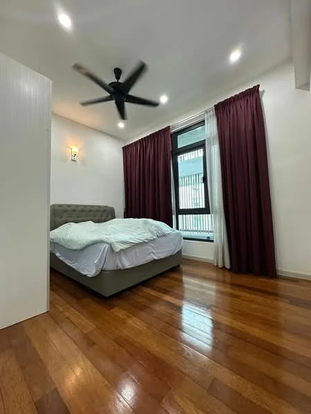 Bedroom features: king-size bed, upholstered headboard, 2 bedside lamps, floor-to-ceiling window, sheer curtains, blackout curtains, wooden flooring, ceiling fan with light, decorative wall sconce, wall-mounted artwork; style: modern.