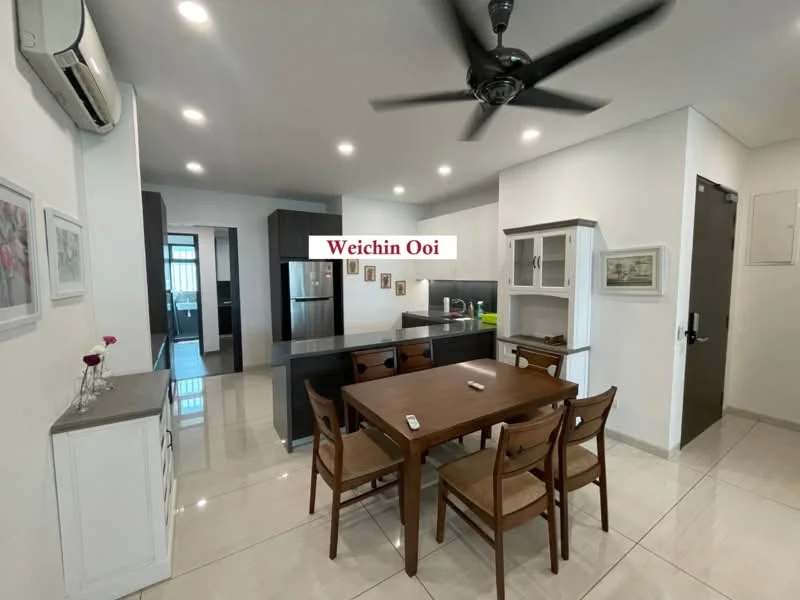 Kitchen features: black granite countertop, stainless-steel sink, chrome pull-down faucet, built-in oven, stainless-steel fridge, white cabinetry, dining table with four wooden chairs, 5-blade ceiling fan with light, recessed LED downlights, cream tiled flooring, wall-mounted split AC; style: modern.