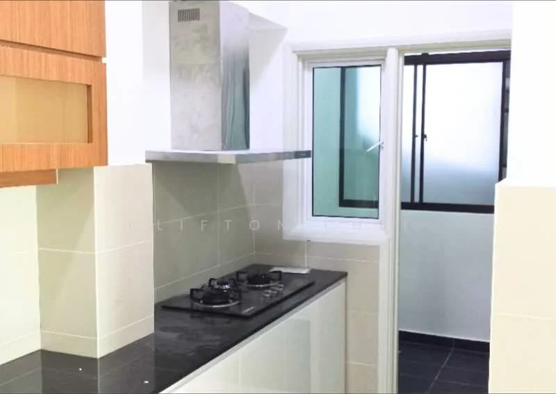 Kitchen features: black granite countertop, white cabinetry with wood accents, built-in gas hob, stainless-steel range hood, tile backsplash, ceramic tile flooring, window with sliding glass, wall-mounted cabinets; style: modern.