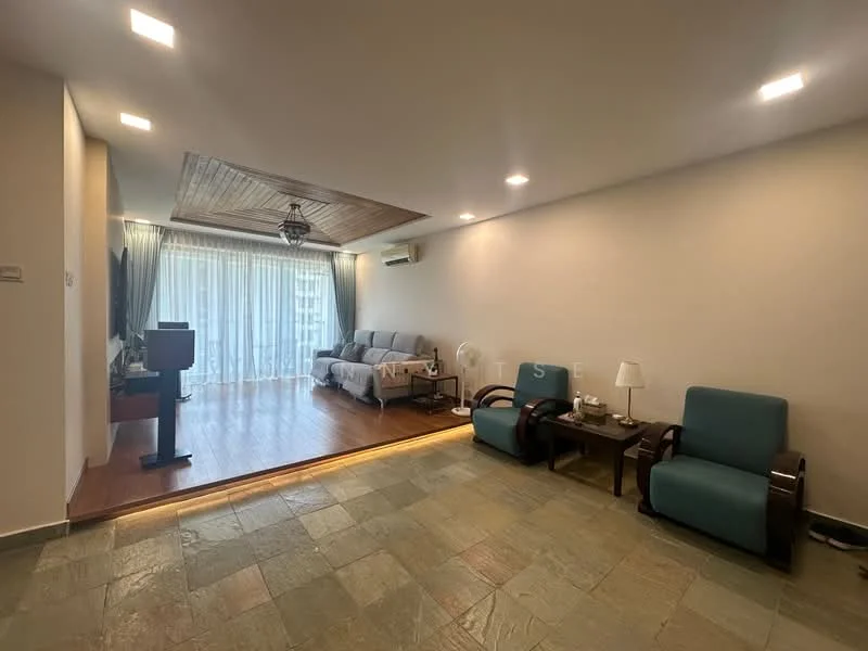 Living features: wooden flooring, sliding glass door, floor-to-ceiling windows, curtains, sofa with cushions, coffee table, two armchairs, wall-mounted TV, recessed downlights, wood ceiling with beams, air conditioning unit; style: modern; view: garden.