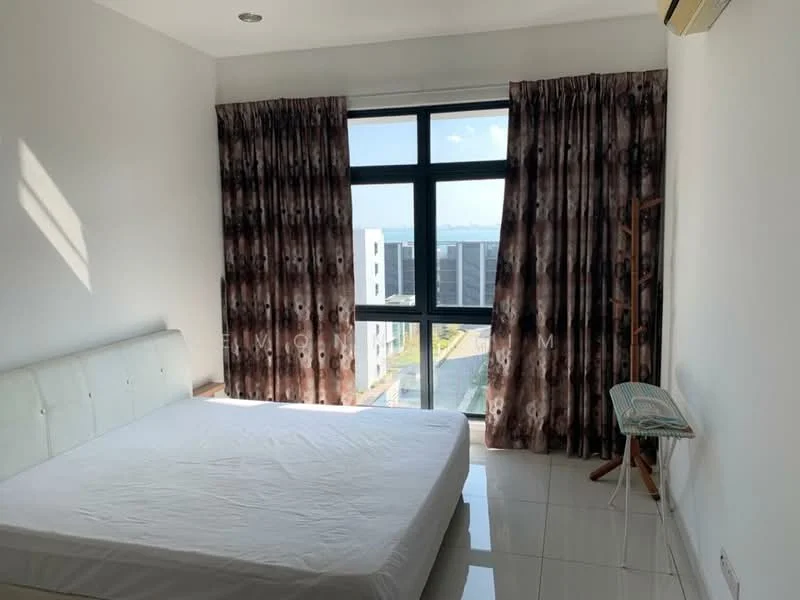 Bedroom features: white painted walls, glossy white tile flooring, floor-to-ceiling windows, brown patterned curtains, single bed frame without mattress, wooden clothing rack, small ironing board, air conditioning unit; style: modern; view: city.