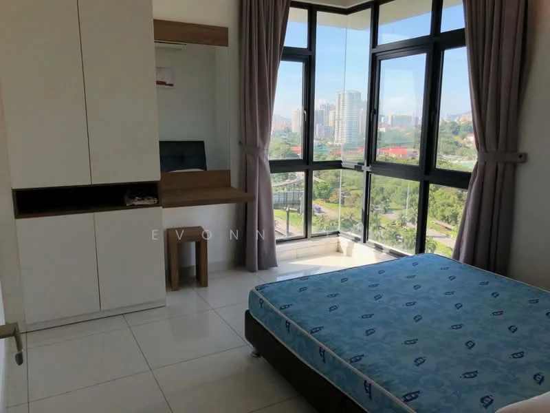 Bedroom features: floor-to-ceiling windows, white painted walls, white tiled flooring, queen-size bed, built-in wardrobe, study desk, curtains, city view; style: modern; view: city.