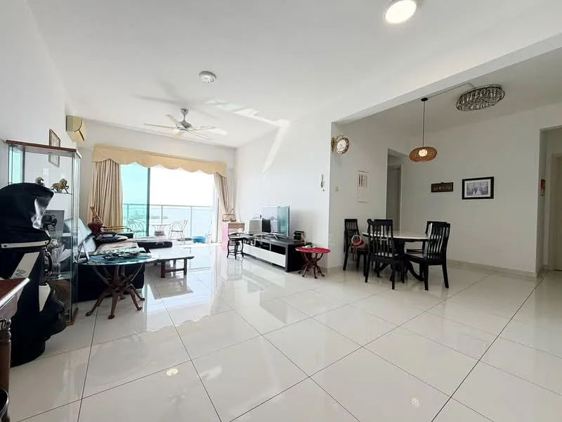 Living features: white painted walls, glossy ceramic tile flooring, 5-blade ceiling fan with light, floor-to-ceiling windows, sheer curtains, TV console, wall-mounted TV, coffee table, dining table with black chairs, decorative wall art, open layout to balcony, natural light from windows; style: modern; view: city. Dining features: dining table with black chairs, decorative wall art; style: modern.