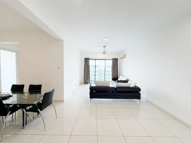 Living features: white painted walls, glossy white tile flooring, 5-blade ceiling fan with light, floor-to-ceiling windows, black leather sectional sofa, light grey throw pillows, black coffee table, curtains in light brown, air conditioning unit; style: modern; view: city. Dining features: glass dining table, 4 black dining chairs, decorative centerpiece on table; style: modern.