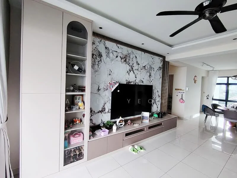 Living features: white painted walls, marble accent wall, built-in cabinetry with glass display, flat-panel cabinetry in beige, large wall-mounted TV, recessed lighting, ceiling fan with light, glossy tile flooring, decorative items on shelves, area rug, dining table visible in background, curtains, green decorative items on floor; style: modern; view: city.