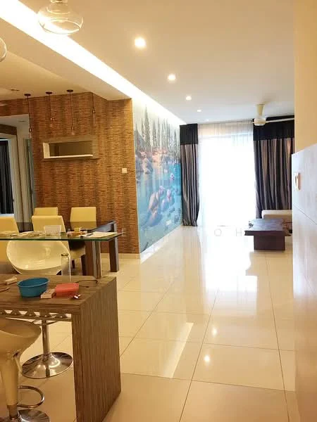 Living features: white painted walls, wood panel accent wall, large window with sheer curtains, recessed LED downlights, ceiling fan, polished ceramic tile flooring, sectional sofa, coffee table, dining table with chairs, decorative wall mural, open layout, area rug; style: modern; view: garden.