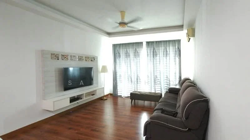 Living features: 3-seater fabric sofa in grey, wooden flooring, wall-mounted TV, TV console with storage, floor lamp, ceiling fan, curtains with geometric pattern, decorative wall art; style: modern.