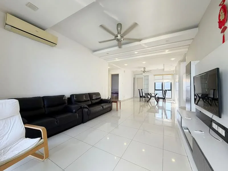 Living features: black leather sofa, white armchair, flat-screen TV, TV console, recessed ceiling lights, 5-blade ceiling fan, white painted walls, glossy white tile flooring, large windows with natural light, dining table with chairs, open layout, decorative wall art; style: modern; view: city.