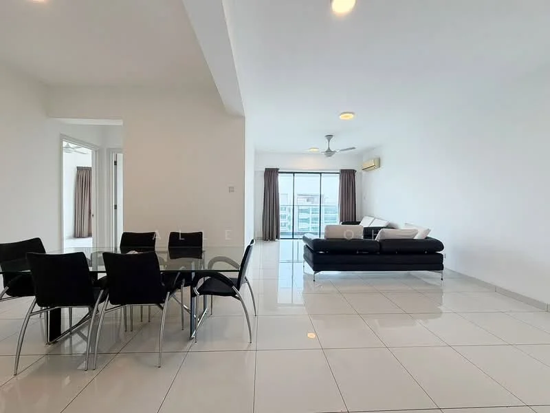 Living features: white painted walls, glossy white tile flooring, 5-blade ceiling fan with light, sofa in black fabric, coffee table, floor-to-ceiling windows, sheer curtains, air conditioning unit, decorative cushions; style: modern; view: city. Dining features: glass dining table, 4 black upholstered dining chairs, white painted walls, glossy white tile flooring; style: modern.