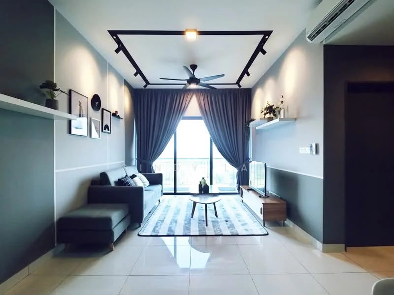 Living features: grey painted walls, white ceiling with recessed lighting, 5-blade ceiling fan with light, floor-to-ceiling sliding glass door, grey fabric sofa, black coffee table, area rug with geometric pattern, wall-mounted TV, wooden TV console, decorative plants on shelves, curtains, tile flooring; style: modern; view: city.