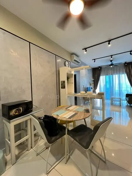 Dining features: round dining table, two dining chairs, white cabinetry, microwave, pendant light, recessed downlights, floor-to-ceiling windows with sheer curtains, white tiled flooring, ceiling fan, decorative wall panels; style: modern; view: city. Living features: sofa, coffee table, TV console, area rug; style: modern; view: city.