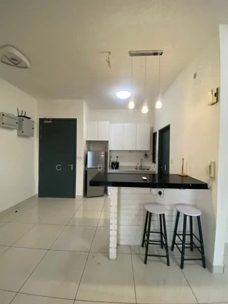 Kitchen features: black countertop, white cabinetry, stainless-steel fridge, built-in oven, pendant lighting, tile flooring, open layout, bar seating with two stools, single-bowl stainless-steel sink, chrome faucet, white walls, recessed ceiling lights; style: modern.