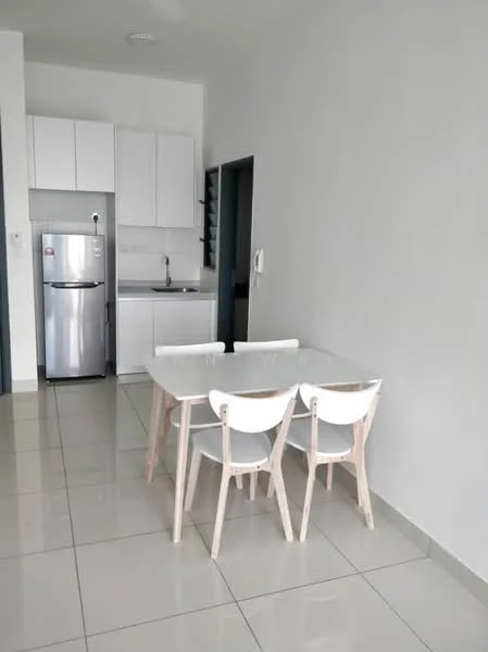 Dining features: white dining table, 4 white chairs, grey tiled flooring, white painted walls, kitchen cabinetry, stainless-steel fridge, sink, kitchen countertop, wall-mounted shelves; style: modern. Kitchen features: white cabinetry, stainless-steel fridge, sink, kitchen countertop, wall-mounted shelves; style: modern.