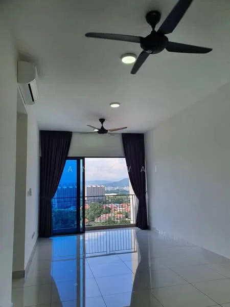 Living features: white painted walls, glossy ceramic tile flooring, 2 ceiling fans, floor-to-ceiling windows, blackout curtains, city skyline view, recessed LED downlights; style: modern; view: city.