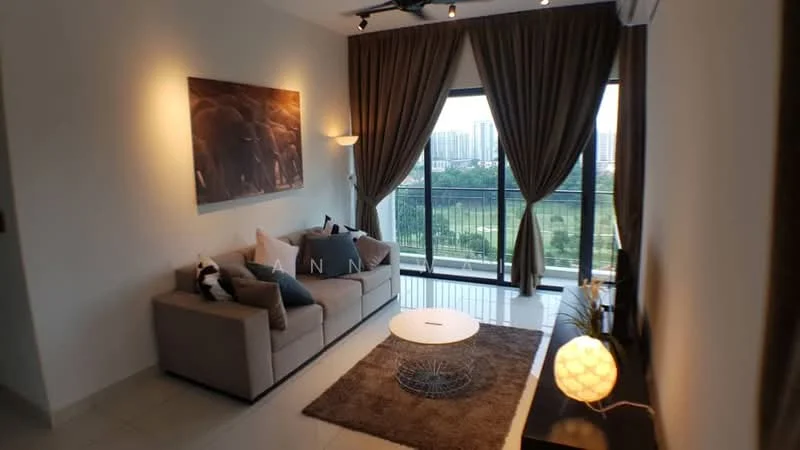 Living features: 3-seater fabric sofa in beige, decorative cushions, coffee table with round top, area rug with geometric pattern, floor-to-ceiling windows, curtains in brown, wall-mounted light fixture, framed artwork on wall, TV console, decorative lamp; style: modern; view: city.