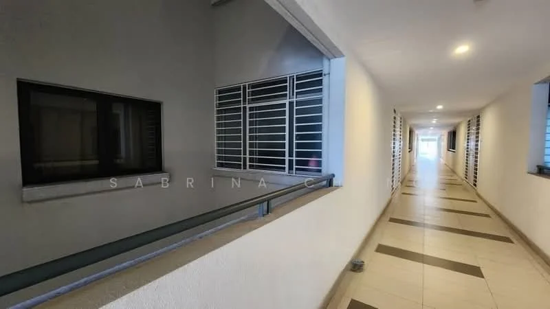 Room features: white painted walls, tile flooring, windows with metal grilles, light fixtures in ceiling, balustrade along corridor, neutral color scheme; style: modern.