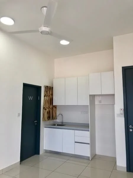 Kitchen features: white cabinetry, grey countertop, single-bowl stainless-steel sink, chrome pull-down faucet, wall-mounted ceiling fan, recessed LED downlights, tile flooring, cream painted walls; style: modern.