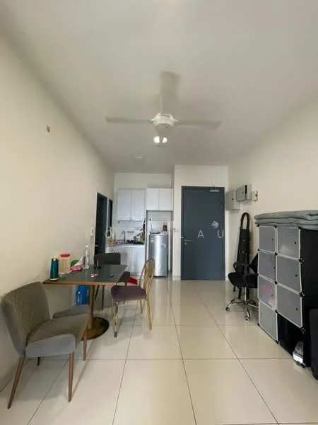 Living features: white painted walls, tile flooring, 5-blade ceiling fan, dining table with 4 chairs, refrigerator, kitchen cabinets, stainless-steel sink, black office chair, storage unit with drawers; style: modern.