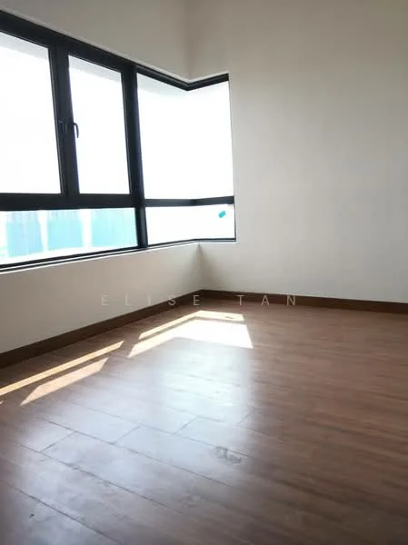 Room features: laminate flooring, white painted walls, floor-to-ceiling windows, natural light from window, corner window, wooden skirting.