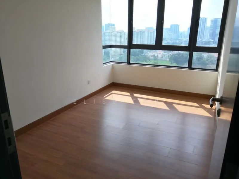 Room features: laminate flooring, white painted walls, floor-to-ceiling windows, city view, no visible furniture, natural light, corner room, baseboards; style: modern; view: city.
