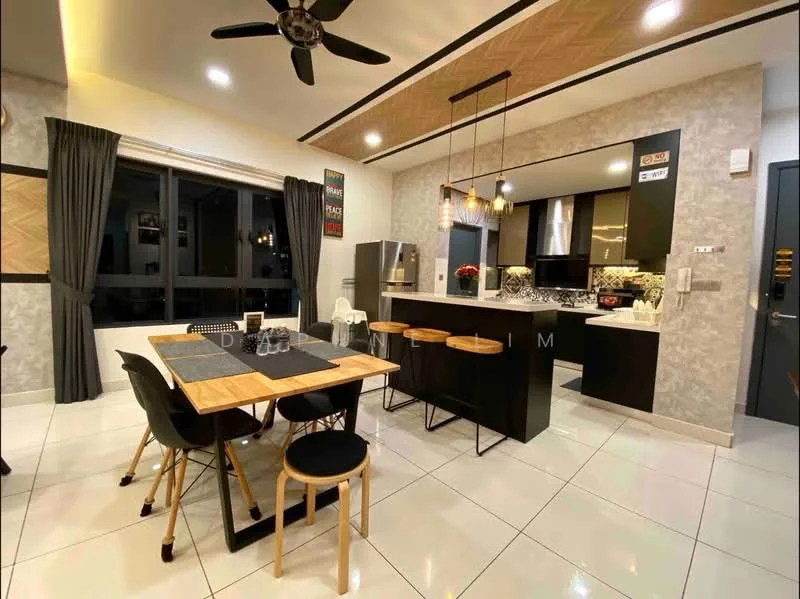 Kitchen features: black cabinetry, white quartz countertop, stainless-steel fridge, built-in oven, 4-burner gas hob, black backsplash with mosaic pattern, pendant lighting, island with seating, white tiled flooring, ceiling fan with light, open shelving, decorative plants, dining table with wooden top and black chairs; style: modern.