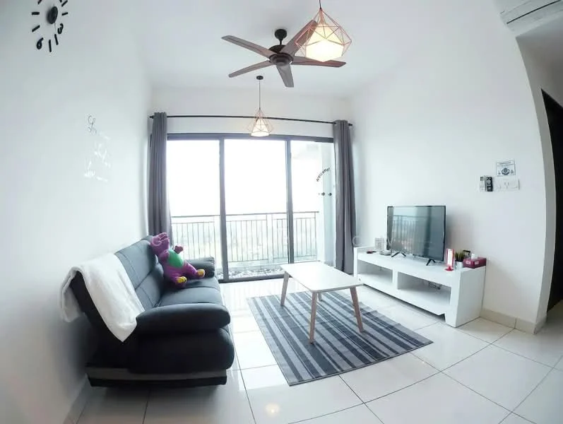 Living features: 3-seater fabric sofa in grey, ceiling fan with light, coffee table, TV console, wall-mounted TV, area rug with striped pattern, floor-to-ceiling windows, curtains, decorative wall clock, decorative wall art; style: modern; view: city.