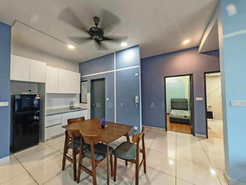 Dining features: dining table with four chairs, white cabinetry, black fridge, white countertop, pendant light, ceiling fan, grey accent wall, white tiled flooring, open layout to kitchen, doorway to hallway, doorway to bathroom, doorway to bedroom; style: modern. Kitchen features: white cabinetry, white countertop, black fridge, stainless-steel sink, kitchen appliances visible, open layout to dining area; style: modern. Room features: grey accent wall, doorway to bathroom, doorway to bedroom.