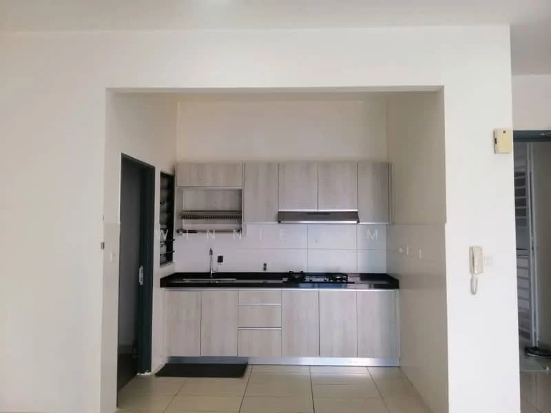 Kitchen features: light wood cabinetry, black granite countertop, built-in gas hob, stainless-steel sink, single-bowl stainless-steel sink, wall-mounted kitchen shelves, tile flooring, neutral wall color, recessed lighting; style: modern.