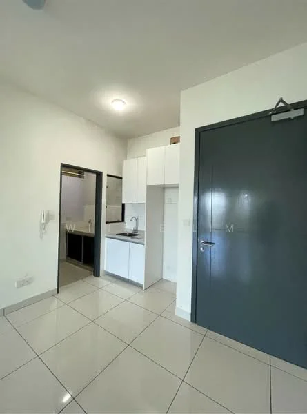 Kitchen features: white cabinetry, single-bowl stainless-steel sink, chrome pull-down faucet, white tiled backsplash, built-in stove, refrigerator, grey tiled flooring, recessed ceiling lights; style: modern. Room features: white painted walls, doorway to adjacent room, light switch, intercom system.