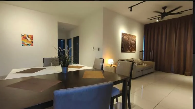 Living features: cream painted walls, white ceiling, 5-blade ceiling fan with light, large windows with brown curtains, tile flooring, sofa in light grey, coffee table, decorative artwork on wall, area rug, dining table with four chairs; style: modern.