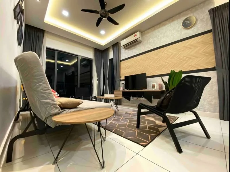 Living features: grey accent wall, wood panel feature wall, white painted walls, recessed ceiling lights, 5-blade ceiling fan with light, floor-to-ceiling windows, sliding glass door, black armchair, light grey lounge chair, round wooden coffee table, area rug with geometric pattern, TV console, wall-mounted TV, decorative plant; style: modern.