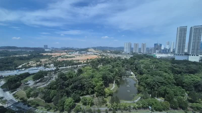 Exterior type: high-rise condominium; features: city skyline view, manicured park, mature trees, water features in park, surrounding greenery, urban landscape, high-rise buildings in background; style: modern.