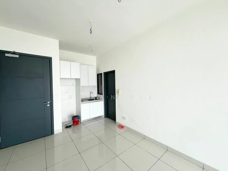 Room features: white painted walls, grey tiled flooring, kitchenette with white cabinets, single-bowl stainless-steel sink, built-in countertop, refrigerator space, open layout, door with modern handle, ceiling lights, window with natural light; style: modern.