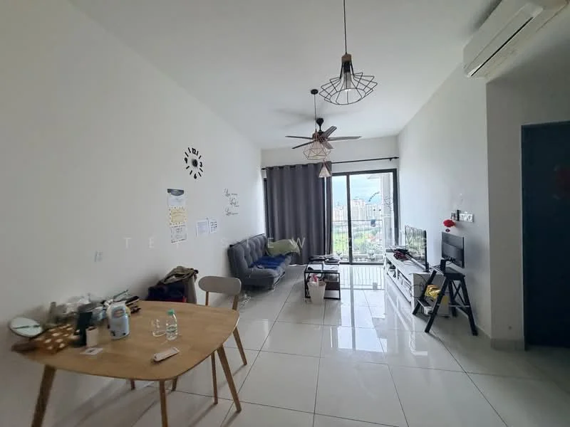 Living features: grey fabric sofa, wooden dining table, white dining chairs, floor-to-ceiling windows, sliding glass door, curtains, ceiling fan with light, recessed downlights, white painted walls, glossy tile flooring, TV console, wall-mounted TV, decorative wall clock, area rug; style: modern; view: city.