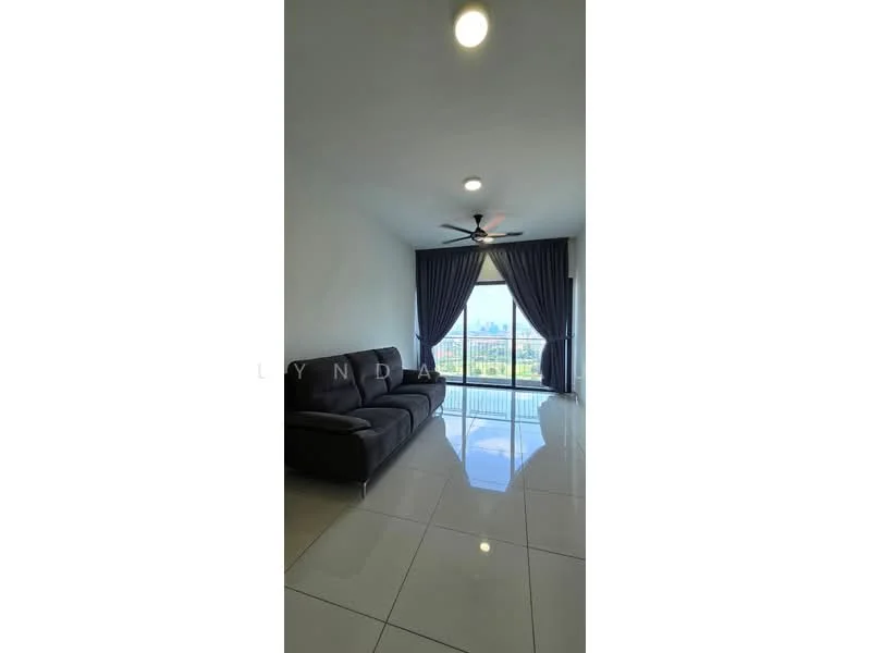 Living features: 3-seater fabric sofa in dark grey, floor-to-ceiling windows, sliding glass door, curtains in dark grey, recessed downlights, ceiling fan with light, glossy tile flooring, view of city skyline; style: modern; view: city.