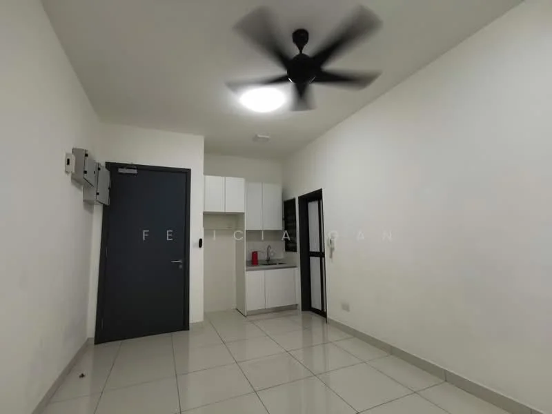 Room features: white painted walls, glossy tile flooring, 5-blade ceiling fan with light, recessed ceiling light, kitchenette with upper cabinets, sink, countertop, door leading to another room, electrical outlets, fire alarm, window, wall-mounted air conditioning unit; style: modern.