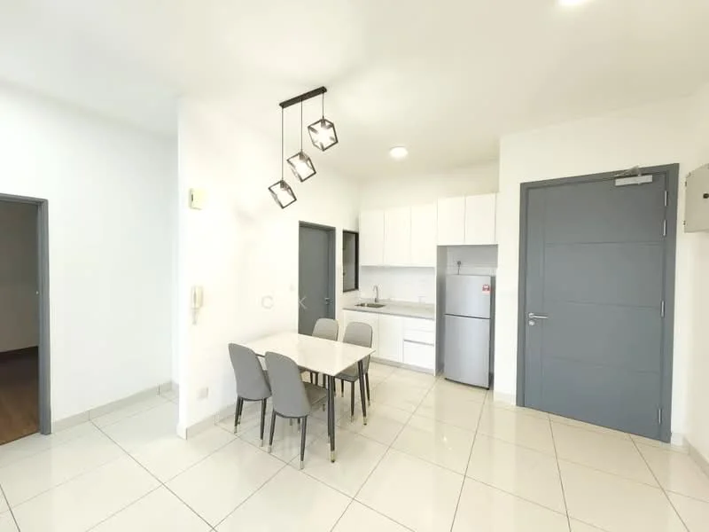 Kitchen features: white cabinetry, stainless-steel fridge, built-in oven, 4-burner gas hob, white countertop, tile backsplash, pendant lighting, dining table with 4 grey upholstered chairs, ceramic tile flooring, recessed downlights; style: modern. Room features: white painted walls, grey door, open layout.