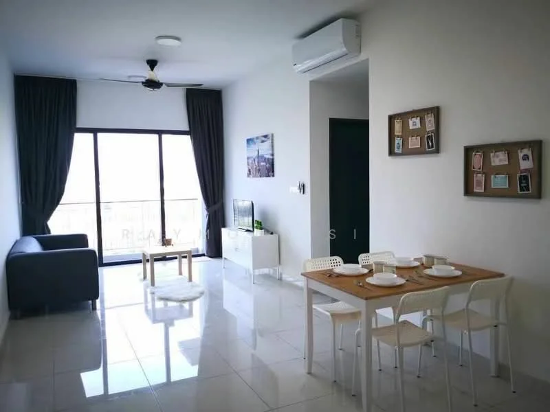 Living features: 3-seater fabric sofa in grey, coffee table, wall-mounted TV, TV console, dining table with 4 chairs, floor-to-ceiling windows, sliding glass door, curtains, ceiling fan, wall-mounted air conditioning unit, white painted walls, glossy tile flooring; style: modern; view: city.
