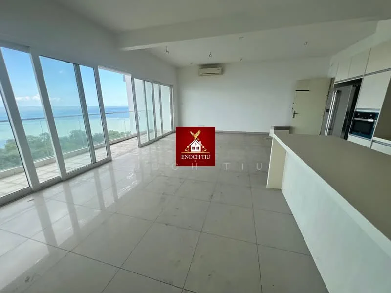 Living features: large floor-to-ceiling windows, ocean view, white painted walls, polished marble flooring, recessed downlights, open-plan layout, air conditioning unit, kitchen island with countertop; style: modern; view: sea.