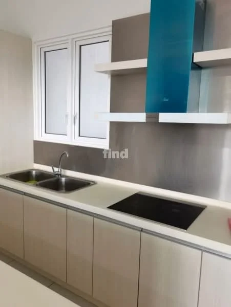 Kitchen features: single-bowl stainless-steel sink, chrome pull-down faucet, white laminate cabinetry, grey countertop, built-in induction cooktop, stainless-steel range hood, wall-mounted shelves, floor-to-ceiling windows; style: modern.