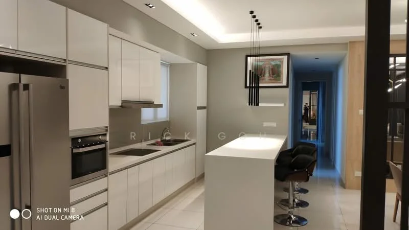 Kitchen features: white cabinetry with flat-panel design, stainless-steel refrigerator, built-in oven, 4-burner gas hob, white quartz countertop, single-bowl stainless-steel sink, chrome pull-down faucet, pendant lighting above island, bar seating with black stools, grey accent wall, tile flooring, window for natural light; style: modern.
