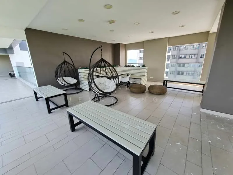 Room features: hanging wicker chairs, white outdoor tables, grey tiled flooring, recessed ceiling lights, large windows, open balcony space, wooden benches, decorative cushions; style: modern; view: city.