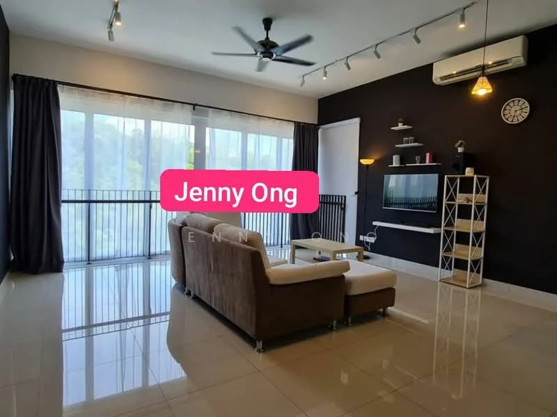 Living features: 3-seater fabric sofa in beige, coffee table, wall-mounted TV, TV console, floor-to-ceiling windows, black accent wall, white shelving unit, recessed downlights, ceiling fan, marble tile flooring, curtains, decorative wall clock; style: modern; view: garden.