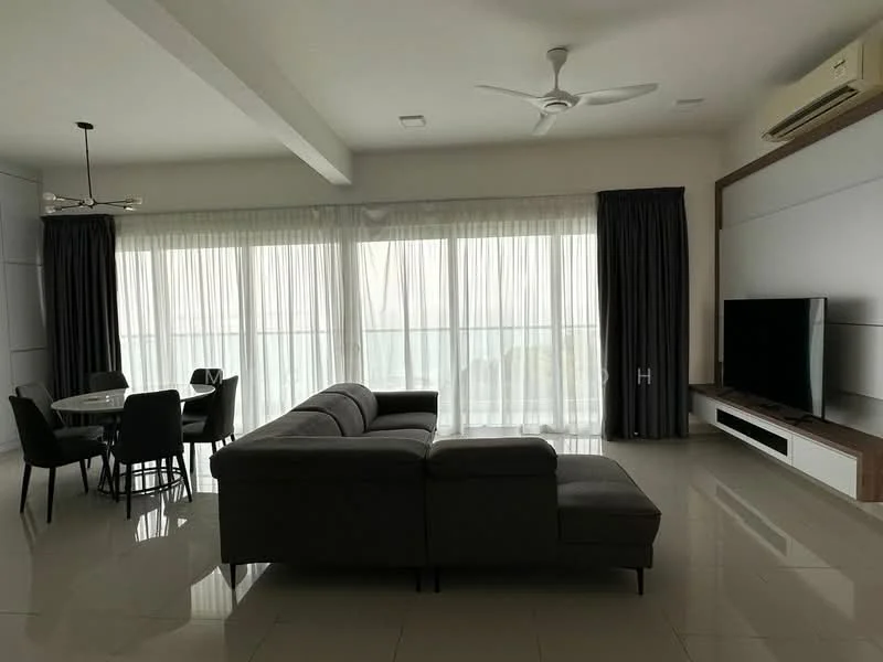 Living features: L-shape sectional sofa in grey, coffee table, wall-mounted TV, TV console, 5-blade ceiling fan with light, recessed downlights, floor-to-ceiling windows, sheer curtains, dark grey curtains, polished tile flooring, decorative wall paneling, area rug; style: modern; view: sea. Dining features: round dining table, 4 upholstered dining chairs, pendant lamp, floor-to-ceiling windows, sheer curtains, dark grey curtains, polished tile flooring; style: modern; view: sea.